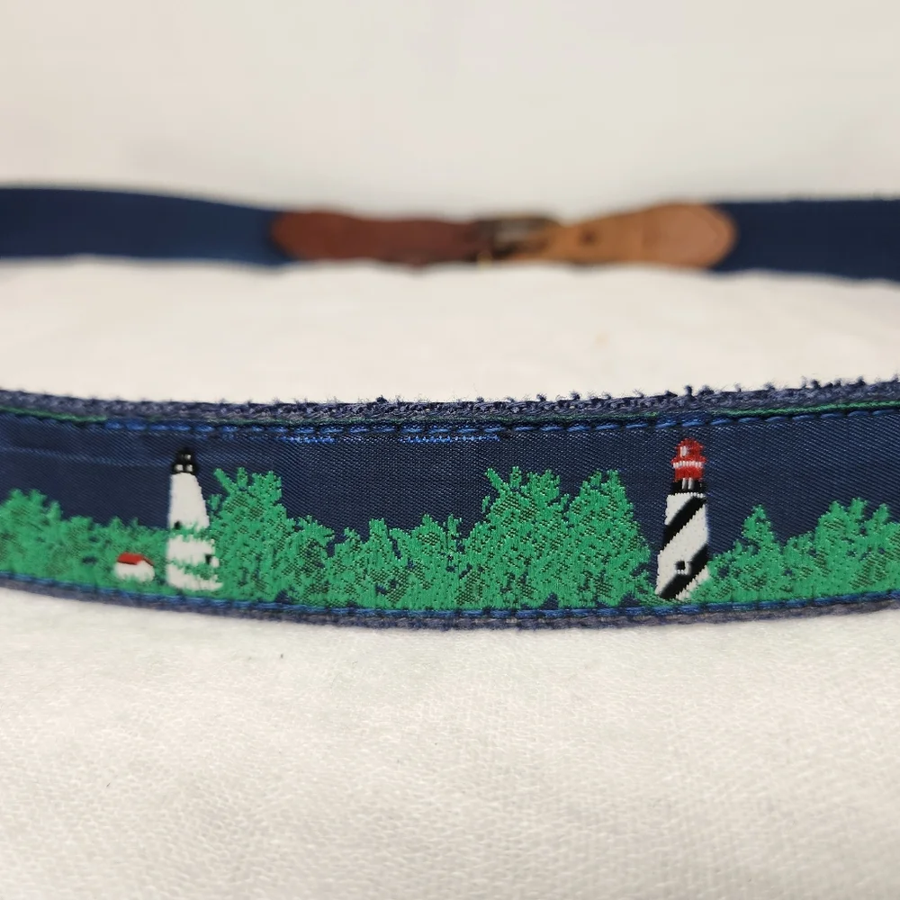Leather Man LTD Lighthouse Belt 42 Navy Woven Leather Solid Brass Buckle USA